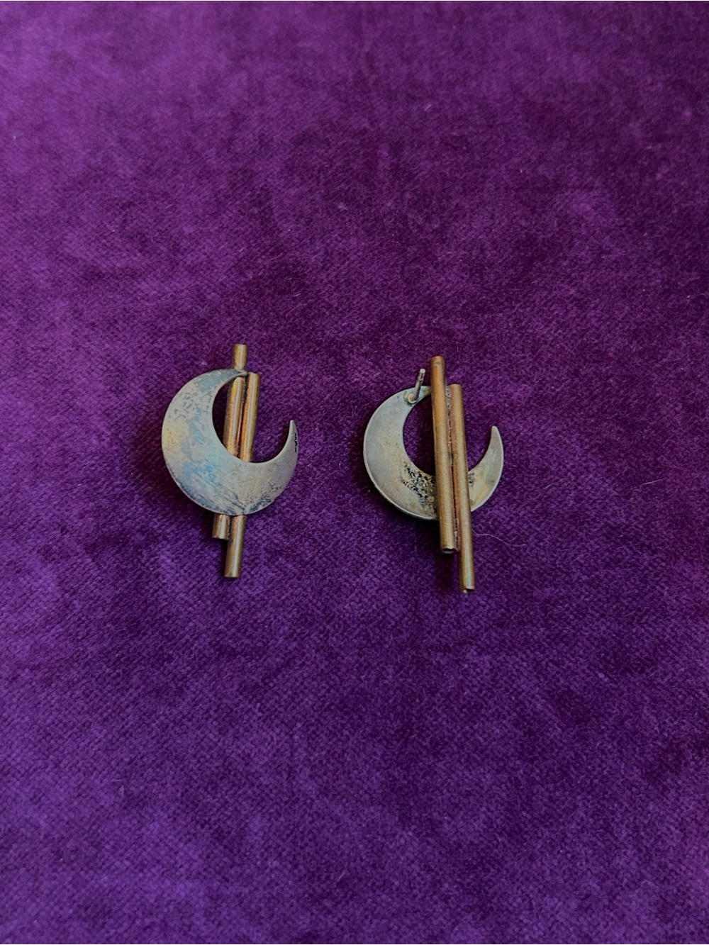 Sterling silver and copper crescent moon earrings